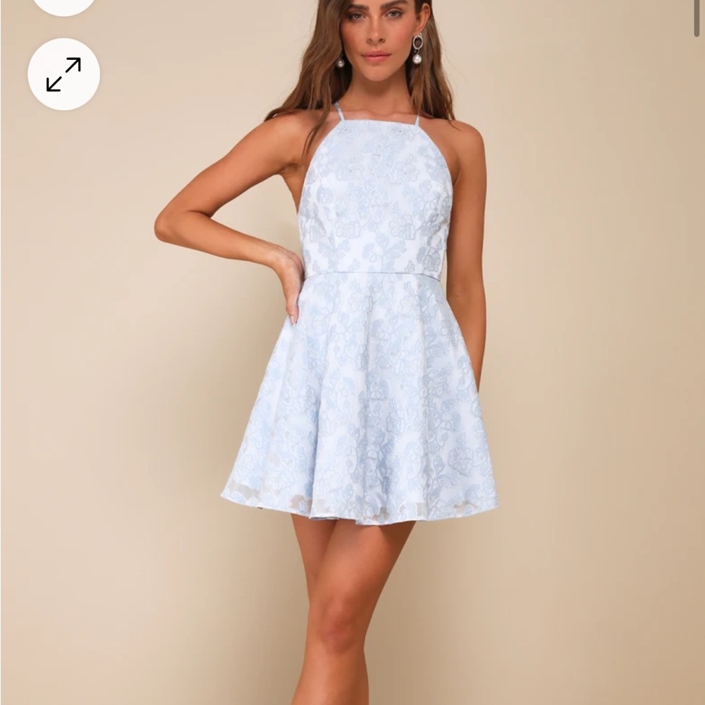 Pleasantly Darling Blue Jacquard Floral Backless Mini Dress - Lulus size M